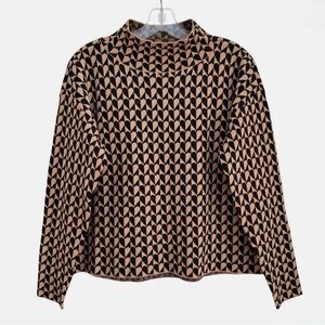 NWT Anthropologie Maeve CARYS Mock Neck Sweater Womens Tan Black Hearts